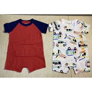2 - Carters Baby Rompers Infant Sz 12 months Airplanes Cars Trucks Bus Copters